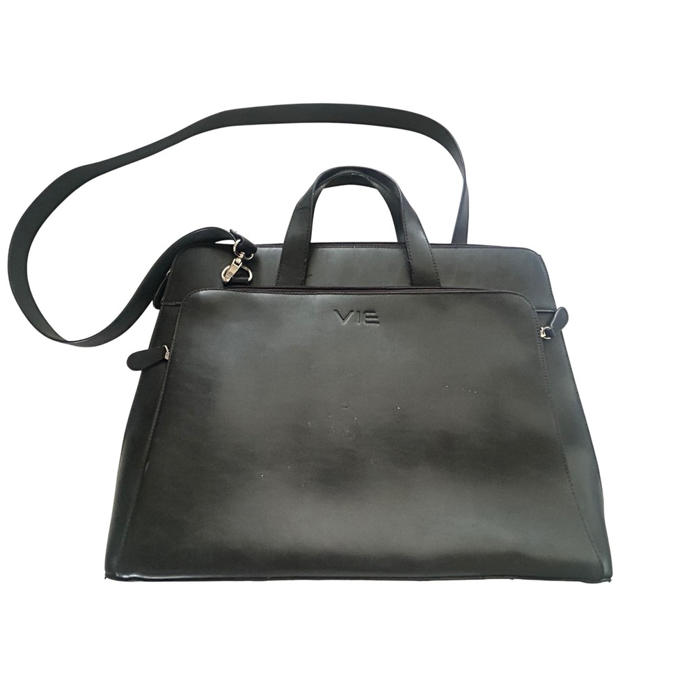 Vie Black Leather Laptop Briefcase Bag Purple‎ Lining Work Tote Messenger